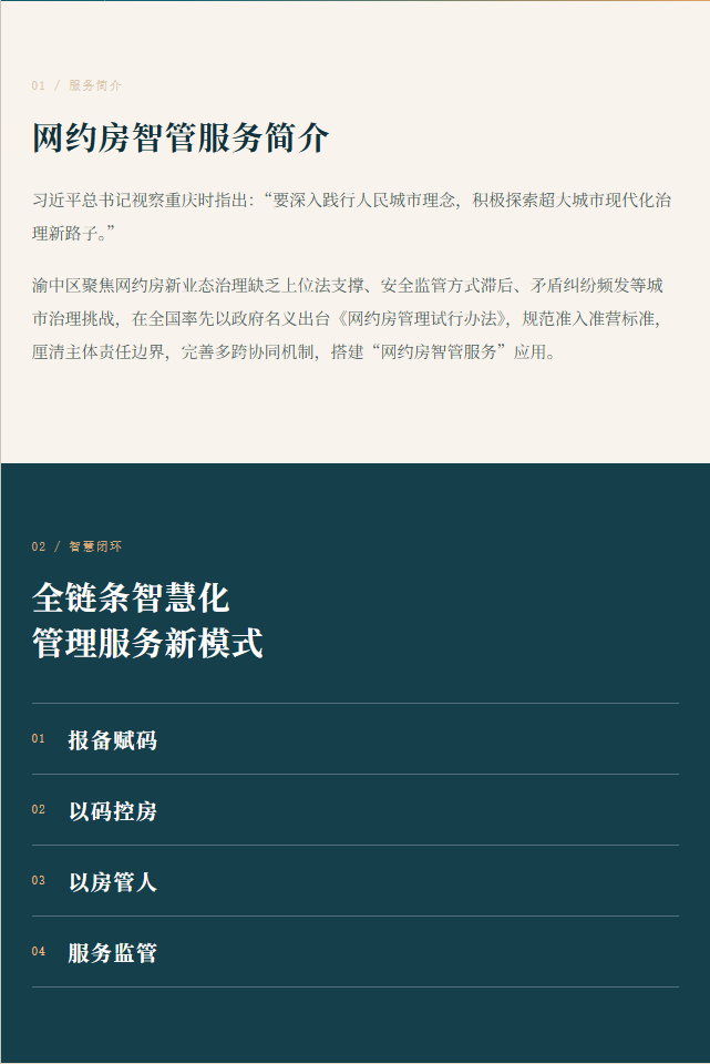 服务简介：网约房智管服务简介；智慧闭环：报备赋码、以码控房、以房管人、服务监管。